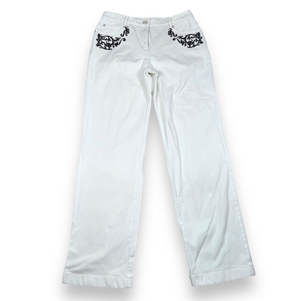St John Jeans Sports Cable White Black Applique Women's 10 Denim 5-Pocket Cotton